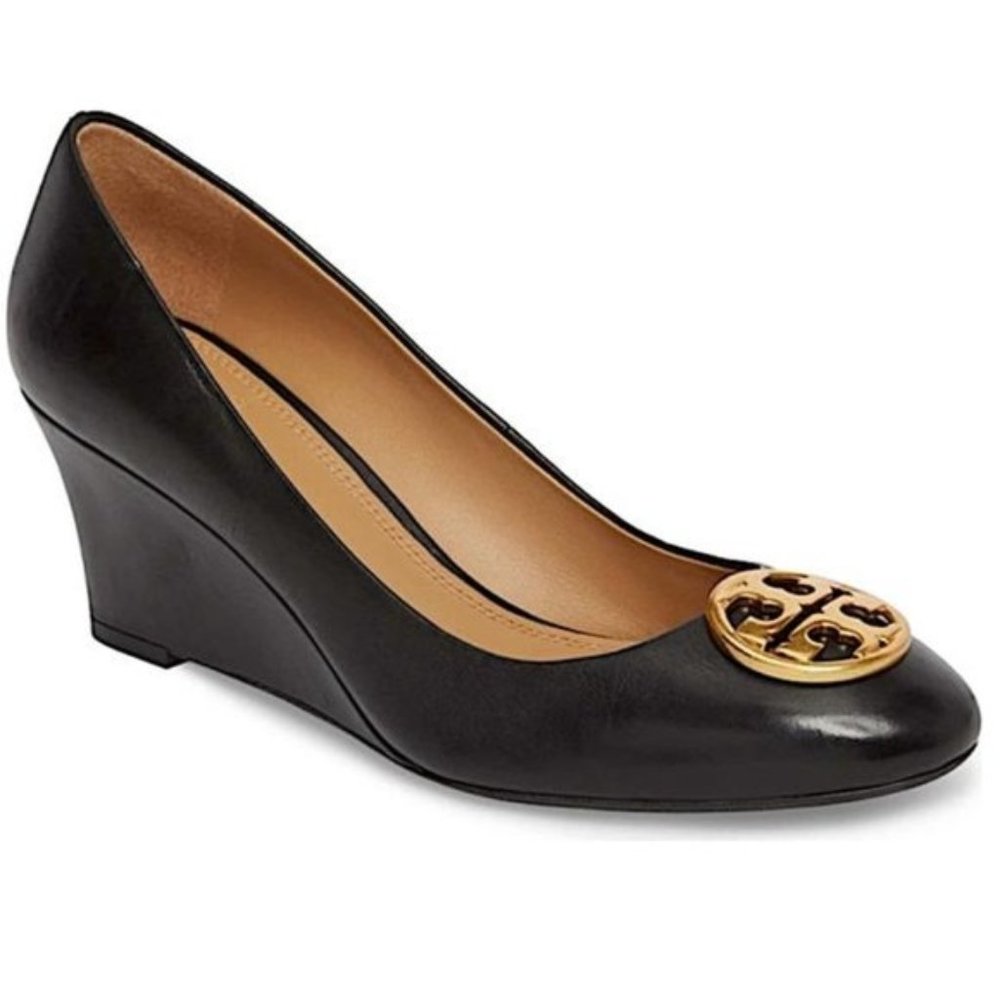 📂 Tory Burch Chelsea 65mm Wedge Pumps Napa Leather Black New In Box w/ Dust Bag